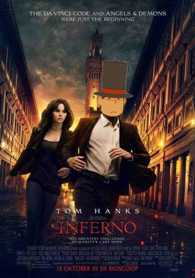 A mock up of the poster for Inferno, with Professor Layton's head in place of Tom Hanks'